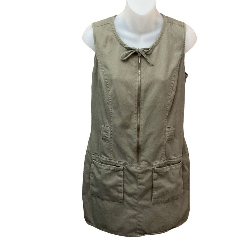 Gap Dress Shift Drawstring Neck Zip Front Army Green 2 Pockets Sleeveless Small